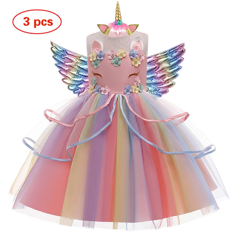 New 3pcs Baby Girls Dress Pastel Rainbow Princess For Summer Birthday Party Dress Unicorn Cosplay Perform Children Costume