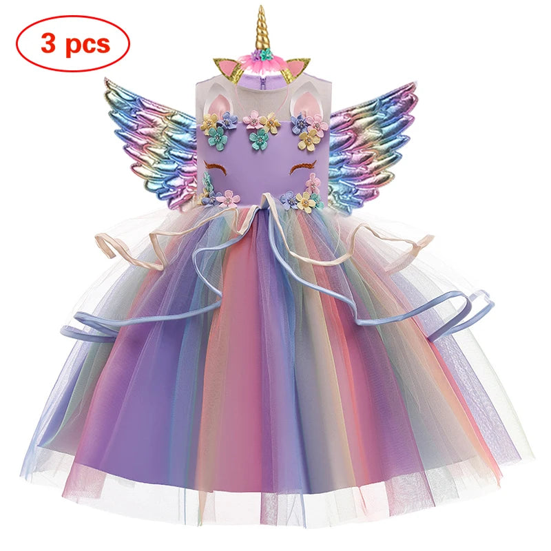 New 3pcs Baby Girls Dress Pastel Rainbow Princess For Summer Birthday Party Dress Unicorn Cosplay Perform Children Costume