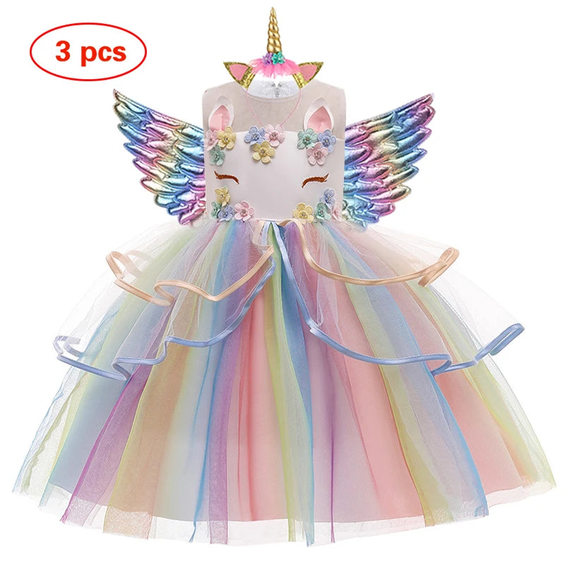 New 3pcs Baby Girls Dress Pastel Rainbow Princess For Summer Birthday Party Dress Unicorn Cosplay Perform Children Costume