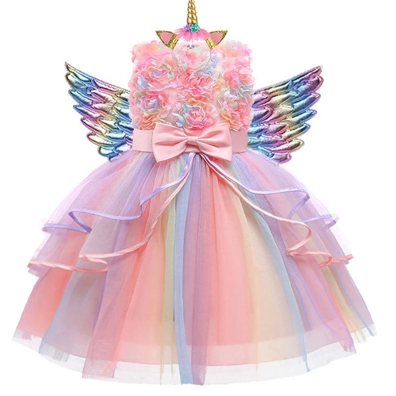 New 3pcs Baby Girls Dress Pastel Rainbow Princess For Summer Birthday Party Dress Unicorn Cosplay Perform Children Costume