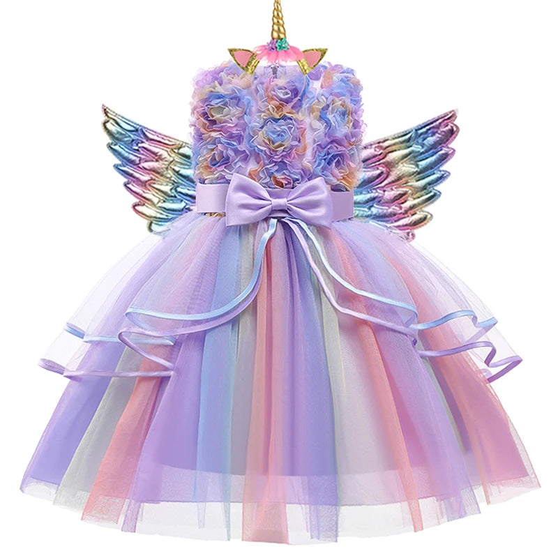 New 3pcs Baby Girls Dress Pastel Rainbow Princess For Summer Birthday Party Dress Unicorn Cosplay Perform Children Costume