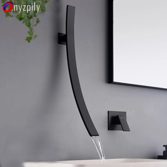 Onyzpily Basin Faucet Wall Mounted 70cm Spout Waterfall  Single Handle Chrome Bathroom Mixer Tap Concealed Basin Sink Torneira