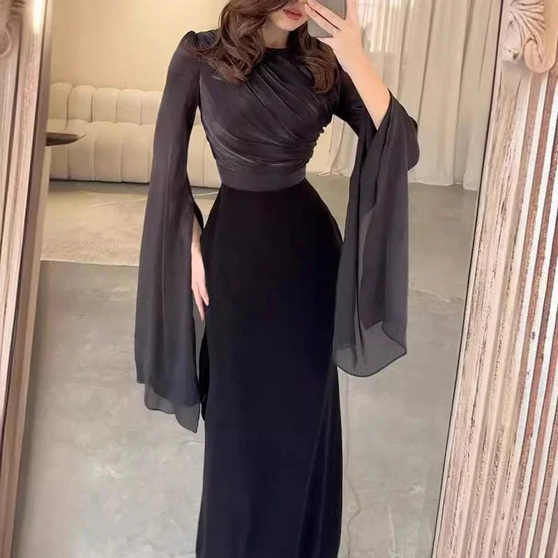 Elegant  Satin Dresses for Women Spring O Neck Solid Tunic Slim Bodycon Long Party Dress New Autumn Batwing Sleeve Evening Dress