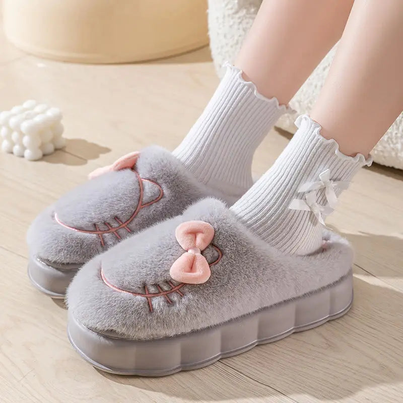 8 cm High platform fur slippers women's winter fluffy ear home shoes woman white bunny rabbit slippers woman house clog shoes