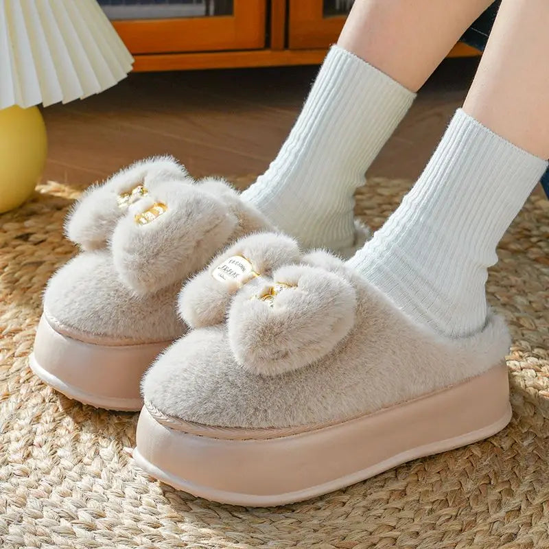 8 cm High platform fur slippers women's winter fluffy ear home shoes woman white bunny rabbit slippers woman house clog shoes