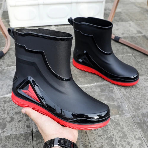 High-end Rain Boots for Men, New Drawstring Waterproof Shoes, Mid-length Anti-slip Rain Boots, Plus Fleece Rubber Boots for Work