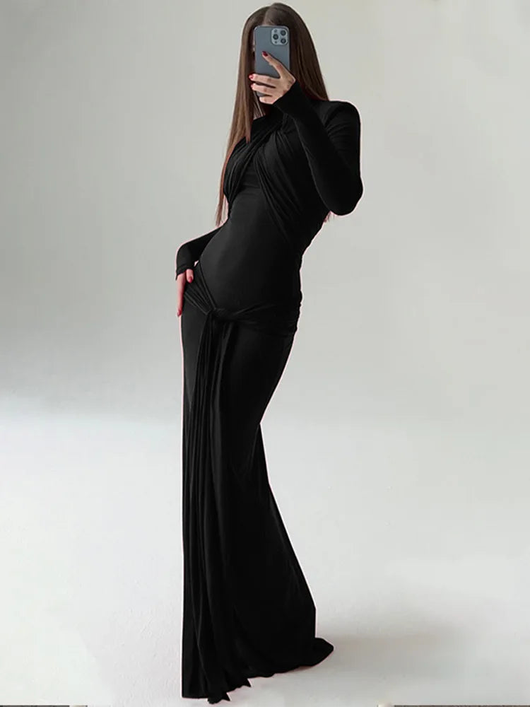 Fahion Evening Dress Bandage Stand Collar Long Sleeve Bodycon Solid Vintage Autumn Elegant Long Dress Y2K Streetwear Party Dress