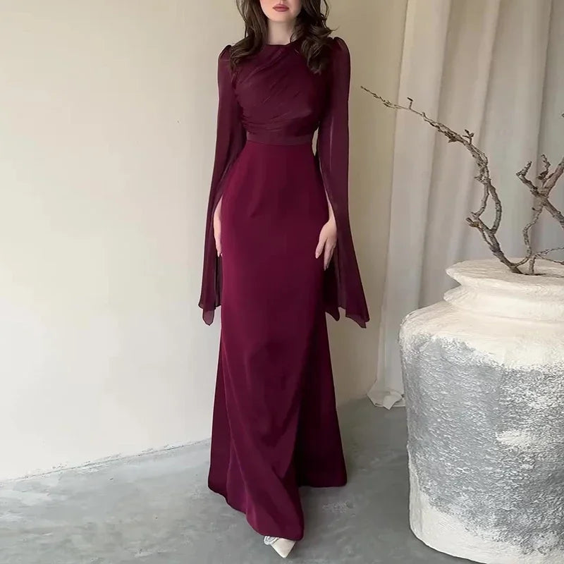 Elegant  Satin Dresses for Women Spring O Neck Solid Tunic Slim Bodycon Long Party Dress New Autumn Batwing Sleeve Evening Dress