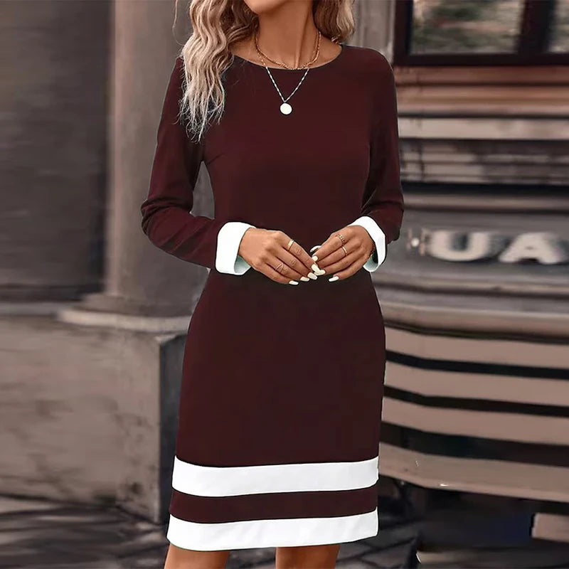 Elegant Lady Office Dress Women O Neck Long Sleeve Striped Print Mini Dresses For Women Party Dress