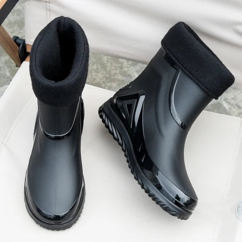 High-end Rain Boots for Men, New Drawstring Waterproof Shoes, Mid-length Anti-slip Rain Boots, Plus Fleece Rubber Boots for Work