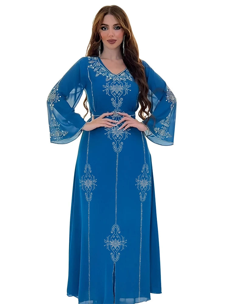 Eid Jalabiya Muslim Abaya Party Dress for Women Arab Diamond Lace-up Abayas Long Dresses Robe Woman Elegant Ramadan Vestidos