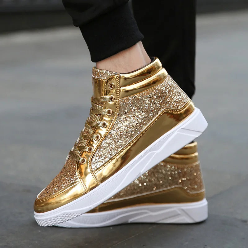 2022 Fashion Men High Top Sneakers Male Ankle Boots Gold Luxury Glitter Shoes Streetwear Hip Hop Casual Boots Chaussures Spring