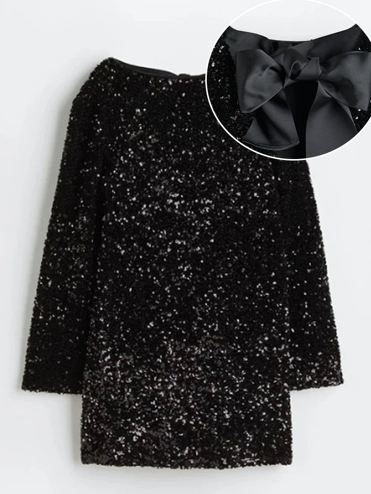 Fashion Solid Sequin Dress For Women Elegant Female Round Neck Bow Mini Party Dress  2023 New Chic Long Sleeves Christmas Dress