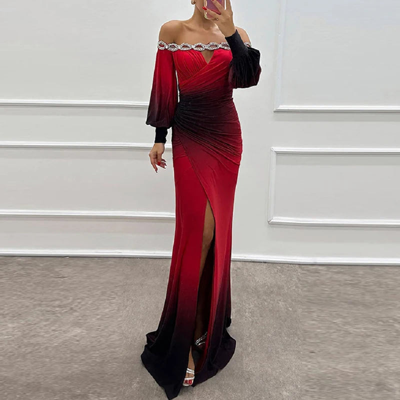 Women Elegant Contrasting Color Party Dress Fashion High Waist Long Sleeve Evening Dress Sexy Off Shoulder Spit Pleat Long Dress