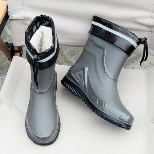 High-end Rain Boots for Men, New Drawstring Waterproof Shoes, Mid-length Anti-slip Rain Boots, Plus Fleece Rubber Boots for Work