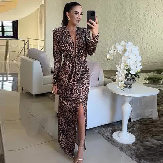 Print Leopard Dresses Pullover Sexy V Neck Long Sleeve Spliced Party Dress Sashes Vestidos Ankle Length Casual Loose Fit