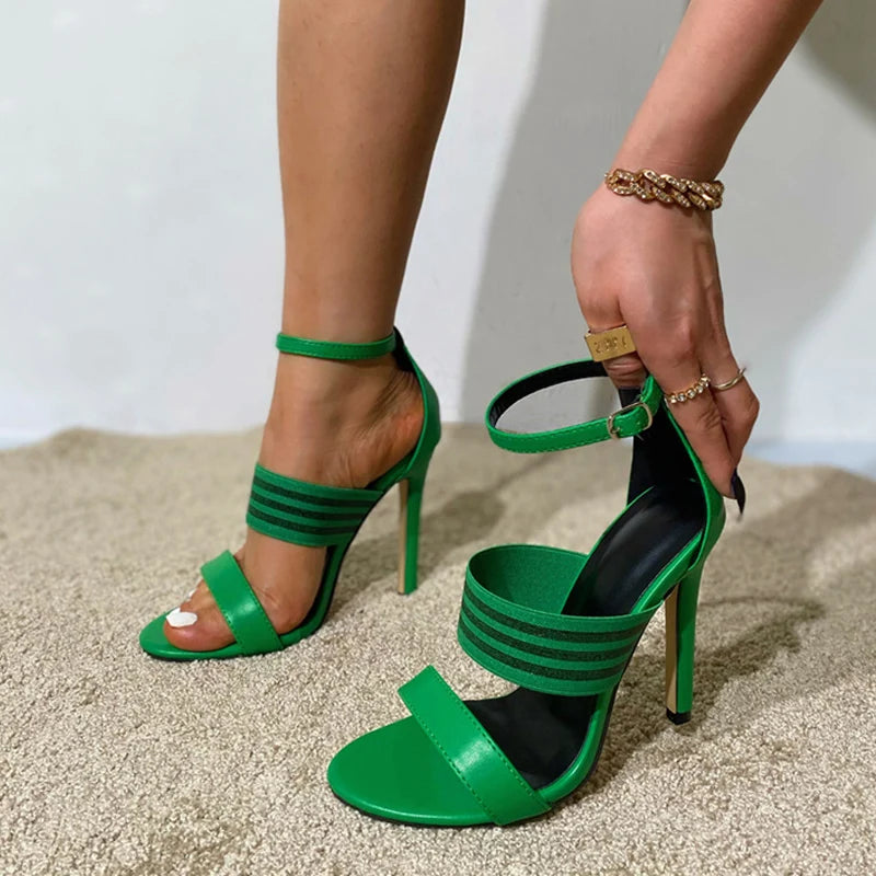 Liyke 2025 New Fashion Mixed Color Narrow Band Women Sandals Open Toe Buckle Strap Gladiator High Heels Summer Party Dress Shoes