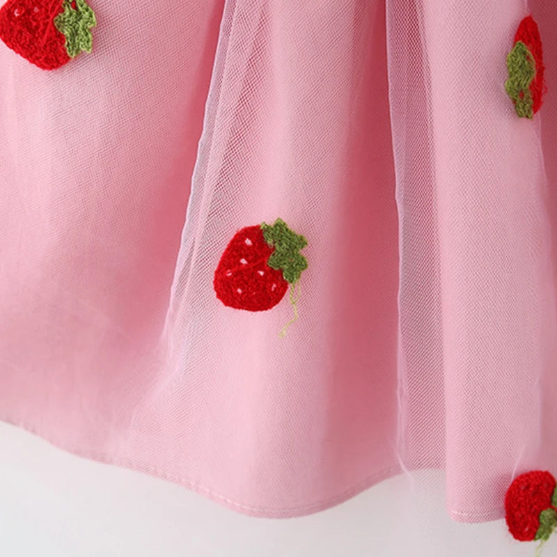 Summer Girls Dress Cute And Sweet Denim Mesh Strawberry Embroidered Princess Dress Party Dress