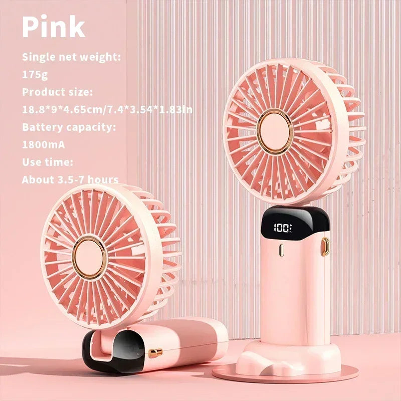 USB Handheld Mini Fan Foldable Portable Neck Hanging Fans 5 Speed Rechargeable Fan with Phone Stand and Display Screen