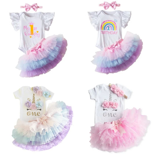 1st Birthday Print Shirt Tutu Skirt Outfit Short Sleeve Romper Pettiskirt Girls 3Pcs Clothes Sets Baby Girl Birthday Party Dress