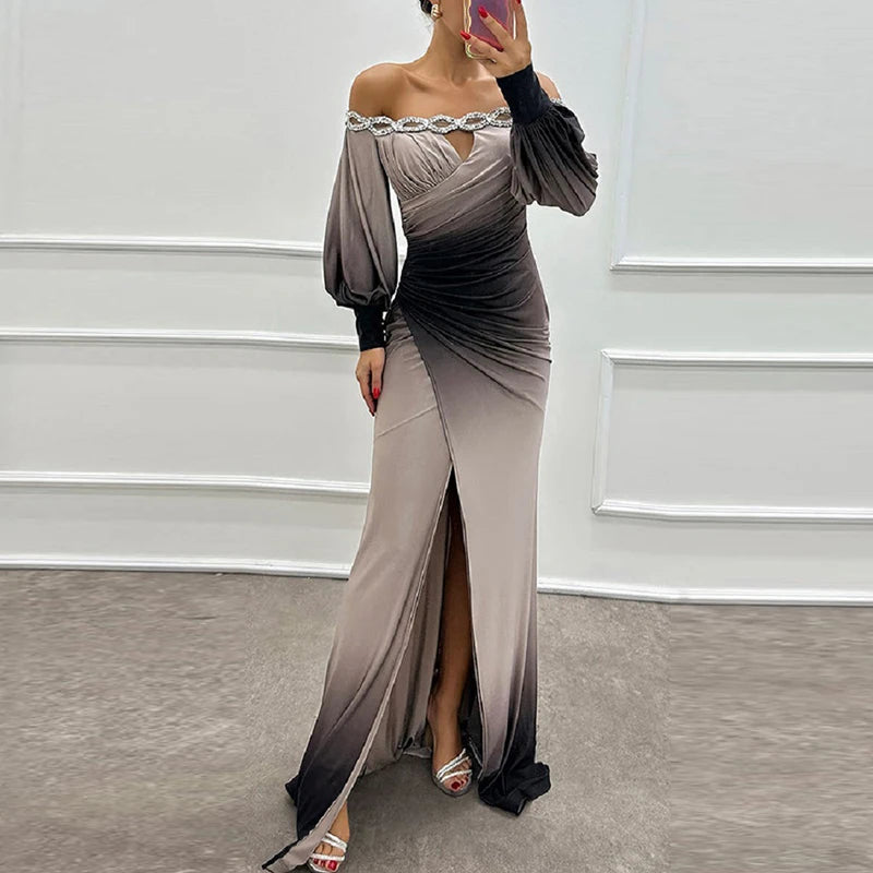 Women Elegant Contrasting Color Party Dress Fashion High Waist Long Sleeve Evening Dress Sexy Off Shoulder Spit Pleat Long Dress