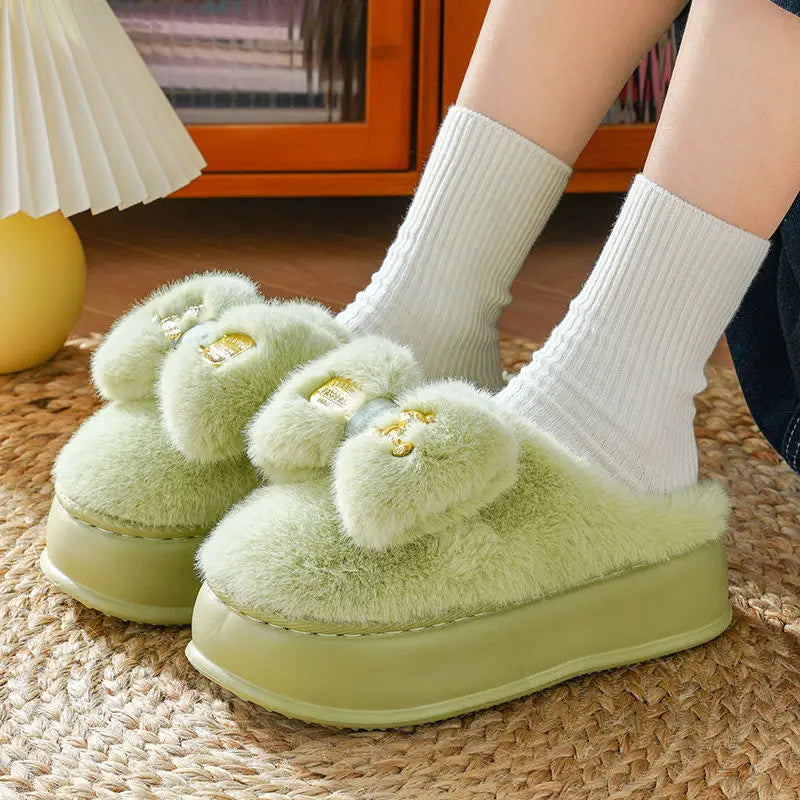 8 cm High platform fur slippers women's winter fluffy ear home shoes woman white bunny rabbit slippers woman house clog shoes