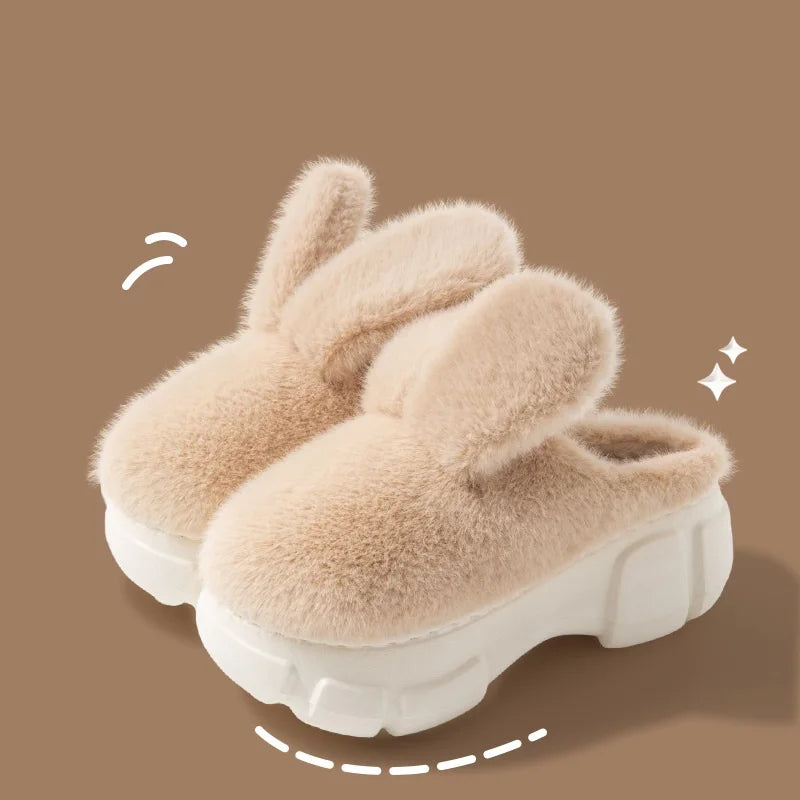 8 cm High platform fur slippers women's winter fluffy ear home shoes woman white bunny rabbit slippers woman house clog shoes