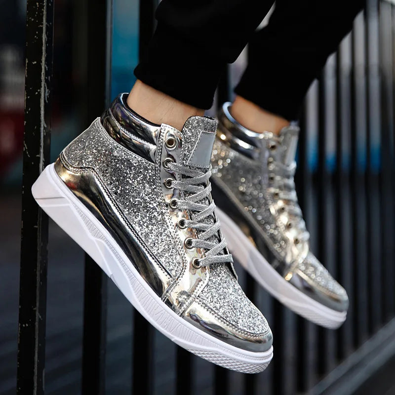 2022 Fashion Men High Top Sneakers Male Ankle Boots Gold Luxury Glitter Shoes Streetwear Hip Hop Casual Boots Chaussures Spring