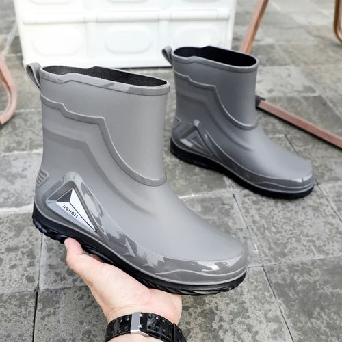 High-end Rain Boots for Men, New Drawstring Waterproof Shoes, Mid-length Anti-slip Rain Boots, Plus Fleece Rubber Boots for Work