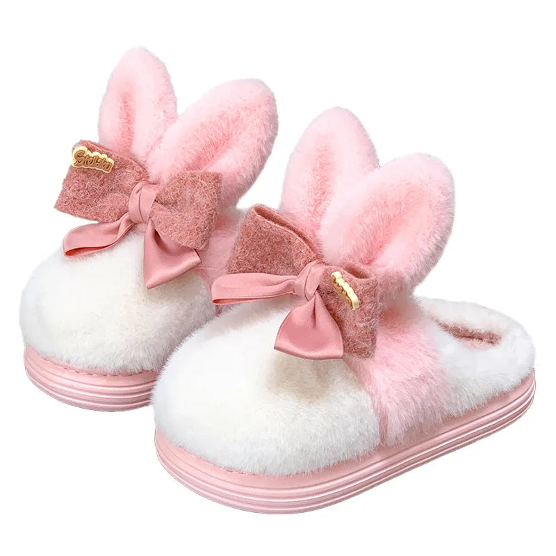 8 cm High platform fur slippers women's winter fluffy ear home shoes woman white bunny rabbit slippers woman house clog shoes