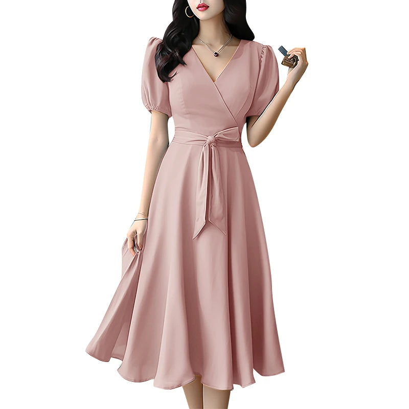 Women Elegant Party Dress ZANZEA Summer V Neck Short Sleeve Midi Sundress Solid OL Work Robe Fashion A Line Loose Vestidos 2024