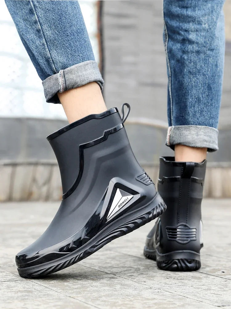 High-end Rain Boots for Men, New Drawstring Waterproof Shoes, Mid-length Anti-slip Rain Boots, Plus Fleece Rubber Boots for Work