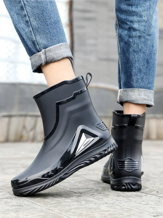 High-end Rain Boots for Men, New Drawstring Waterproof Shoes, Mid-length Anti-slip Rain Boots, Plus Fleece Rubber Boots for Work