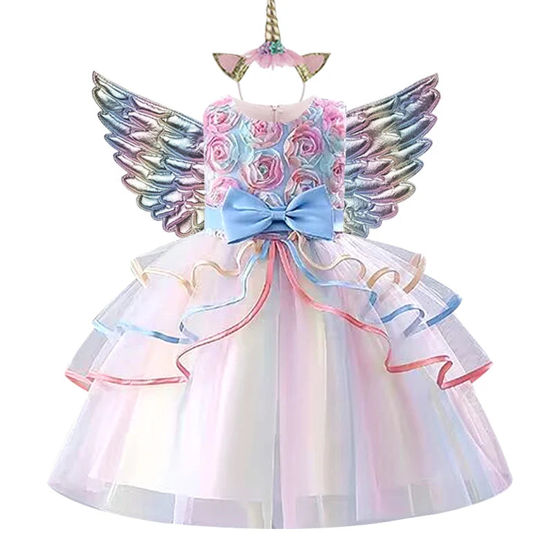 New 3pcs Baby Girls Dress Pastel Rainbow Princess For Summer Birthday Party Dress Unicorn Cosplay Perform Children Costume