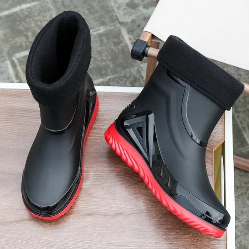 High-end Rain Boots for Men, New Drawstring Waterproof Shoes, Mid-length Anti-slip Rain Boots, Plus Fleece Rubber Boots for Work