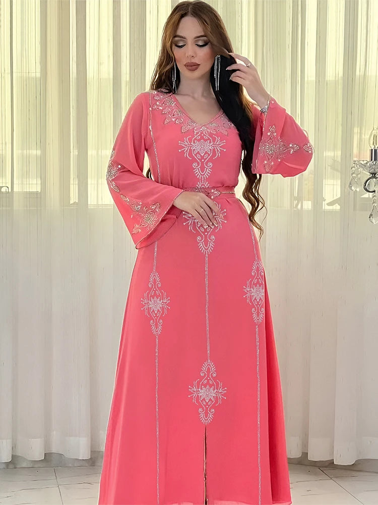 Eid Jalabiya Muslim Abaya Party Dress for Women Arab Diamond Lace-up Abayas Long Dresses Robe Woman Elegant Ramadan Vestidos