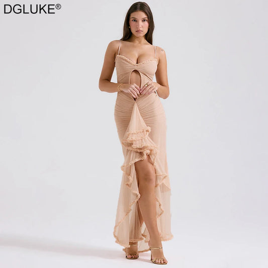 Spaghetti Strap Asymmetrical Ruffle Maxi Dress Cut Out Ruched Long Summer Dress Women Elegant Frilly Mermaid Evening Party Dress