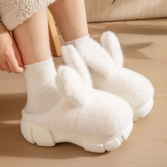 8 cm High platform fur slippers women's winter fluffy ear home shoes woman white bunny rabbit slippers woman house clog shoes