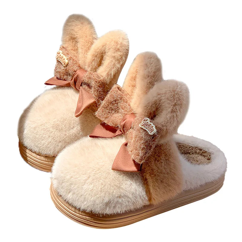 8 cm High platform fur slippers women's winter fluffy ear home shoes woman white bunny rabbit slippers woman house clog shoes