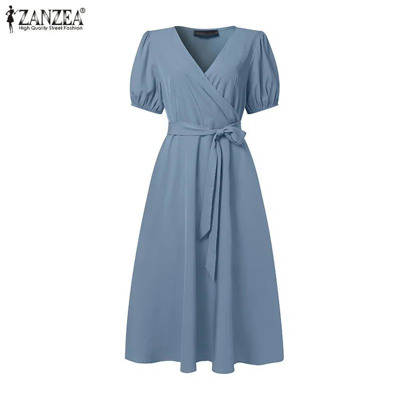 Women Elegant Party Dress ZANZEA Summer V Neck Short Sleeve Midi Sundress Solid OL Work Robe Fashion A Line Loose Vestidos 2024