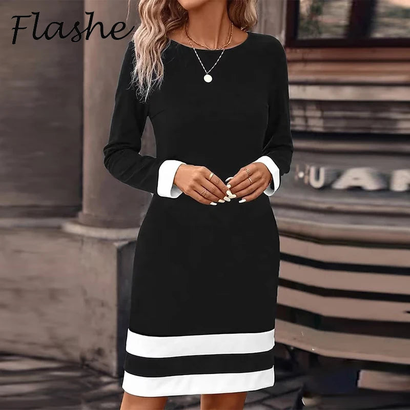 Elegant Lady Office Dress Women O Neck Long Sleeve Striped Print Mini Dresses For Women Party Dress