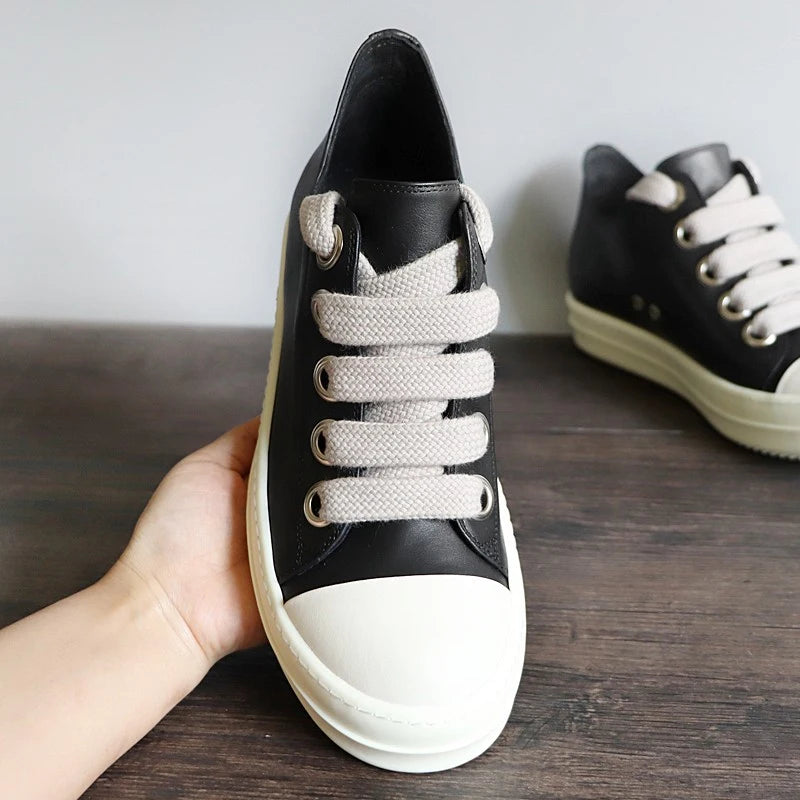 Men's Shoes Genuine Leather Jumbo Shoelace Women's Sneakers Fashion Black Lace-up O-wen Men's Casual Shoes