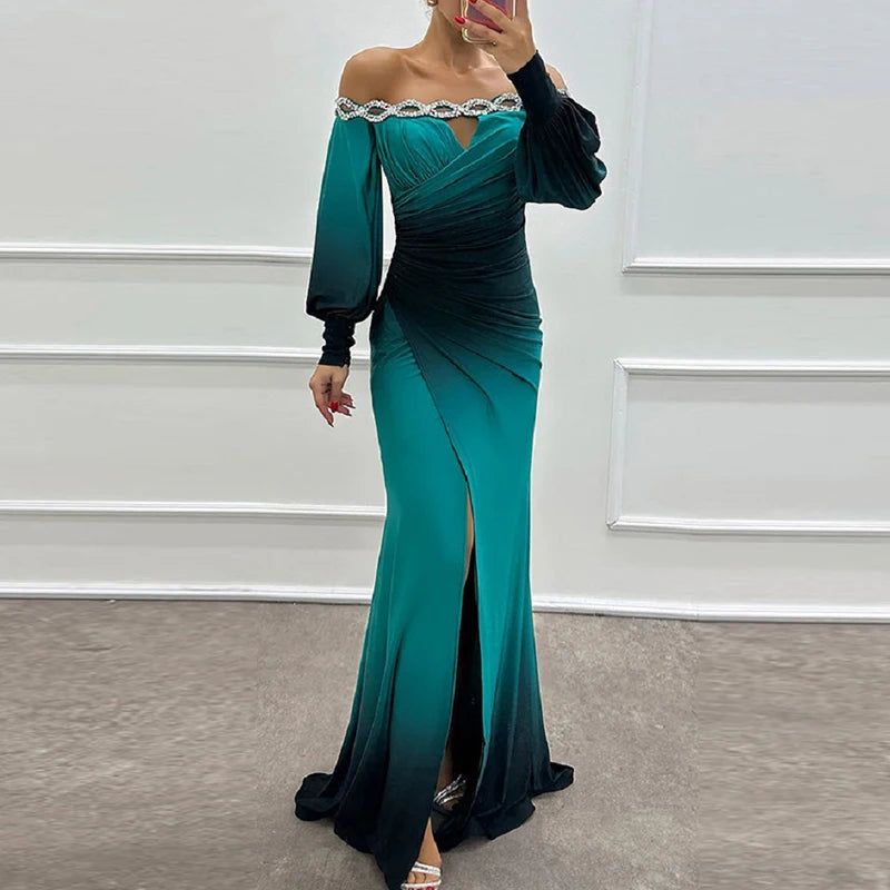 Women Elegant Contrasting Color Party Dress Fashion High Waist Long Sleeve Evening Dress Sexy Off Shoulder Spit Pleat Long Dress