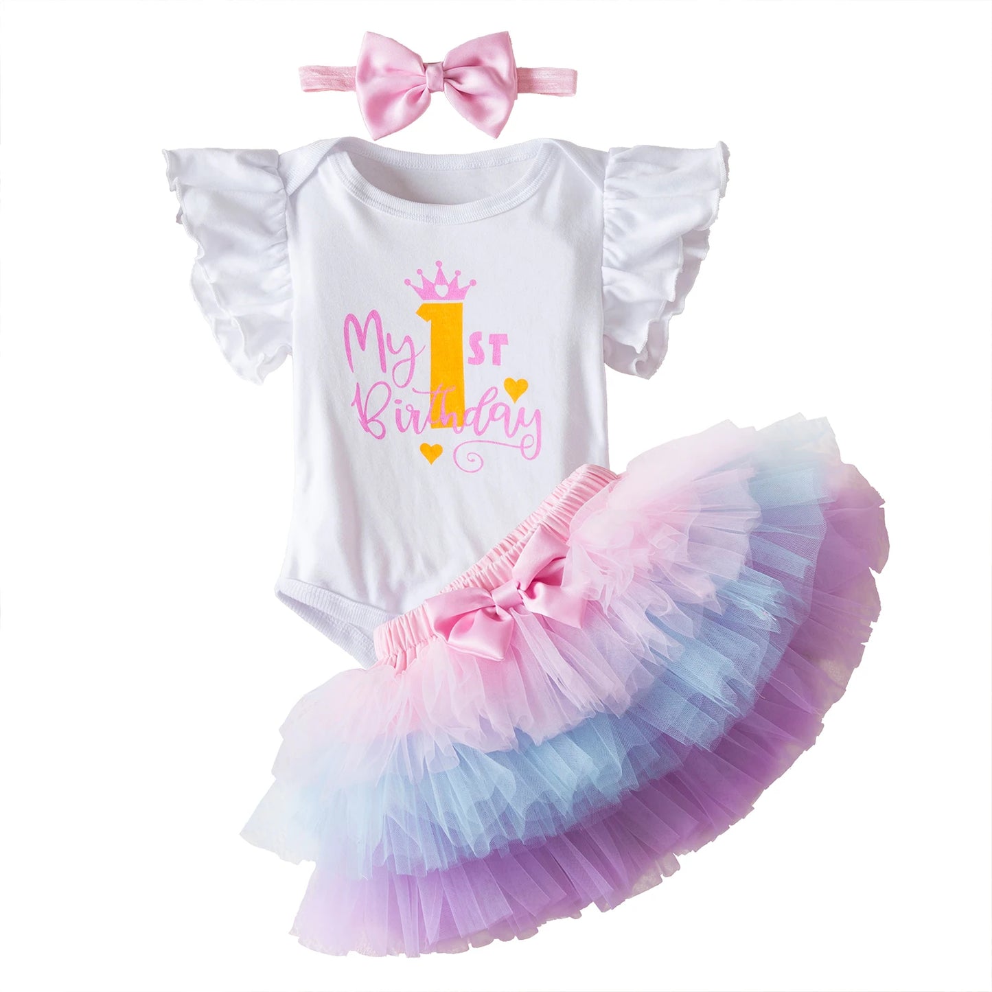 1st Birthday Print Shirt Tutu Skirt Outfit Short Sleeve Romper Pettiskirt Girls 3Pcs Clothes Sets Baby Girl Birthday Party Dress