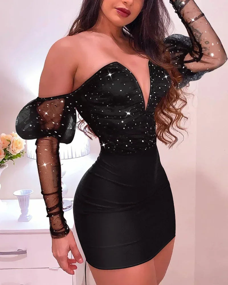 Women Strapless Mesh Splicing Long Sleeve Mini Dress Bodycon Sexy Fashion Party Dress