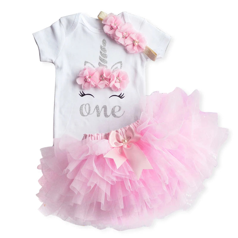 1st Birthday Print Shirt Tutu Skirt Outfit Short Sleeve Romper Pettiskirt Girls 3Pcs Clothes Sets Baby Girl Birthday Party Dress