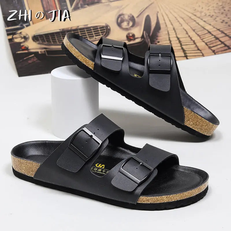 Men's New Black Fashion Cowhide Slippers Couple Style Summer Leisure Sports Sandals Comfortable Breathable Versatile Shoes Large