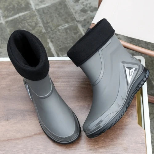 High-end Rain Boots for Men, New Drawstring Waterproof Shoes, Mid-length Anti-slip Rain Boots, Plus Fleece Rubber Boots for Work