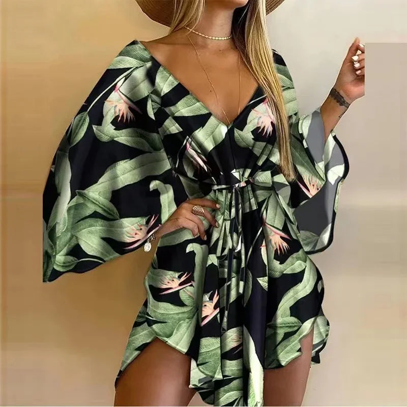 2024 New Summer Beach Elegant Women Dresses Sexy V Neck Lace-up Floral Print Mini Dress Casual Flared Sleeves Ladies Party Dress