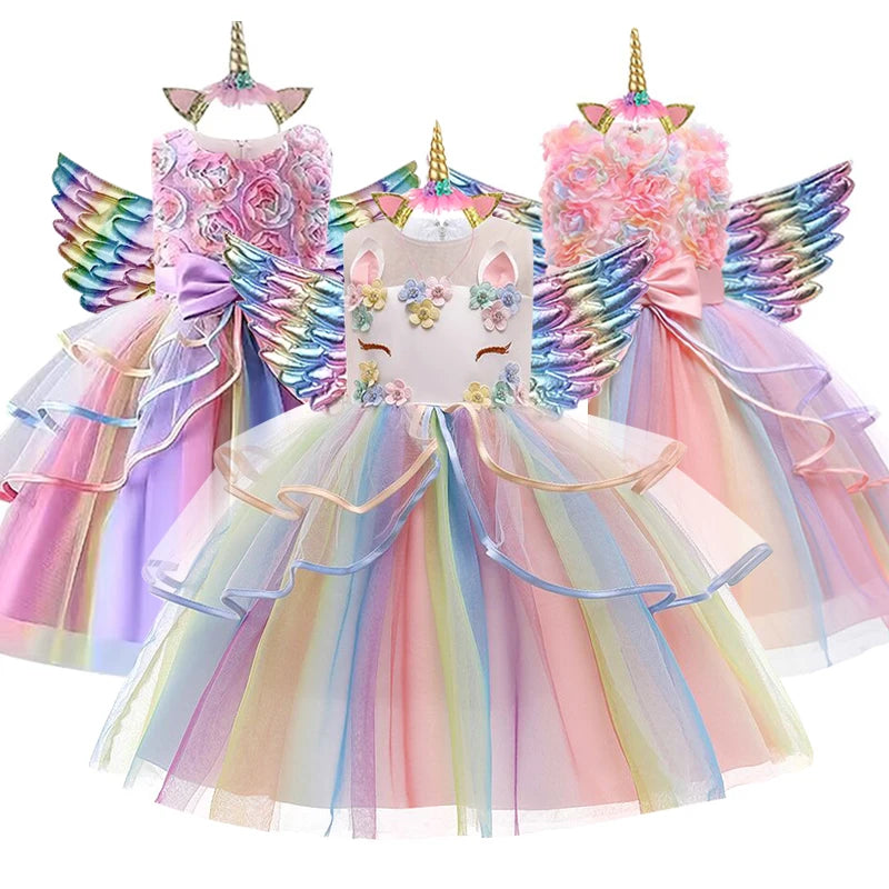 New 3pcs Baby Girls Dress Pastel Rainbow Princess For Summer Birthday Party Dress Unicorn Cosplay Perform Children Costume